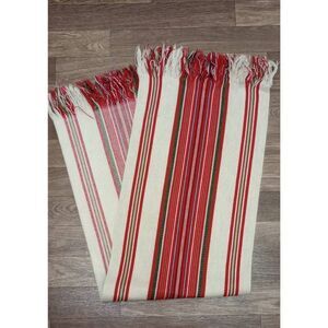 Vintage woven table runner red cream and green long